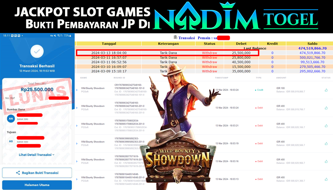 NADIMTOGEL JACKPOT SLOT WILD BOUNTY SHOWDOWN Rp25,500,000,- LUNAS