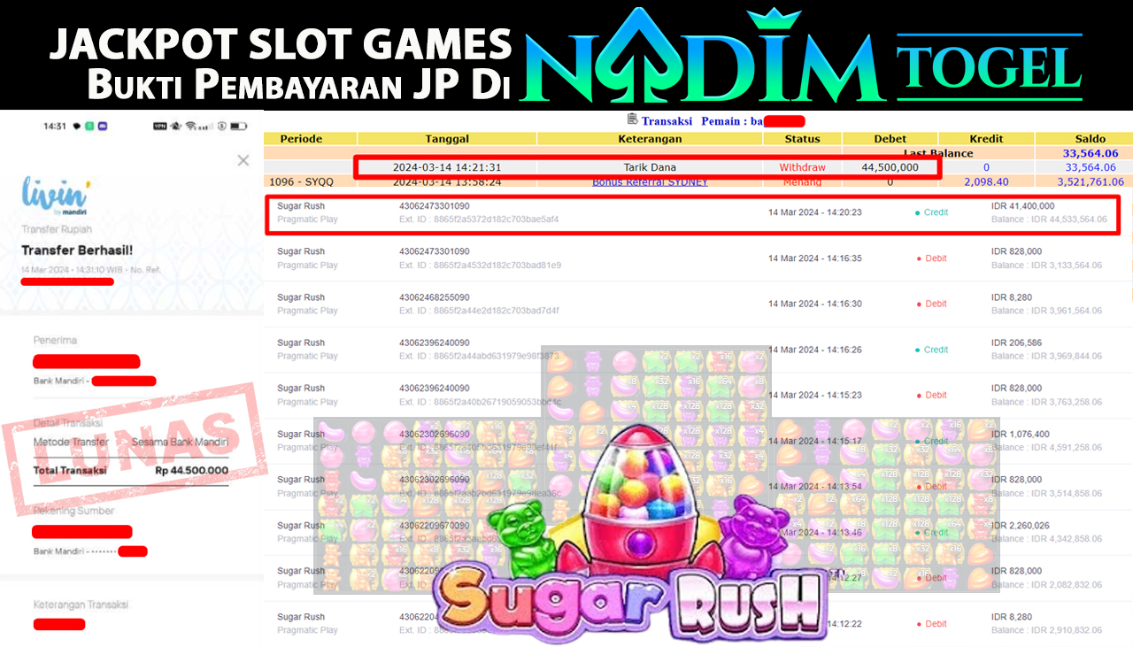 NADIMTOGEL JACKPOT SLOT SUGAR RUSH Rp44,500,000,- LUNAS