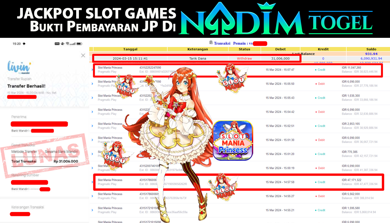 NADIMTOGEL JACKPOT SLOT MAINA PRINCESS Rp.31,006,000- LUNAS