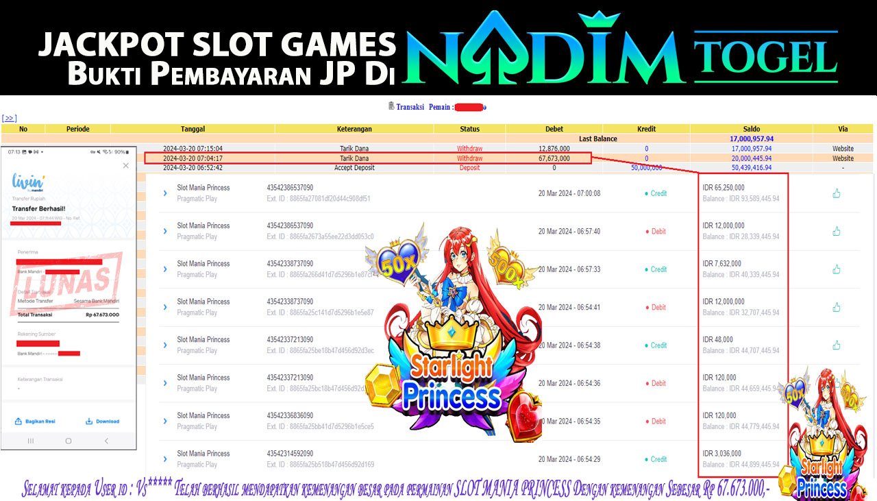 NADIMTOGEL JACKPOT SLOT MANIA PRINCESS Rp 67,673,000,- LUNAS