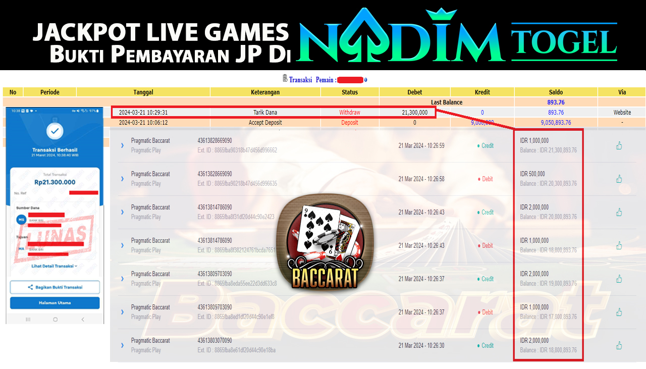 NADIMTOGEL JACKPOT LIVE GAMES BACCARAT Rp.21,300,000,- LUNAS