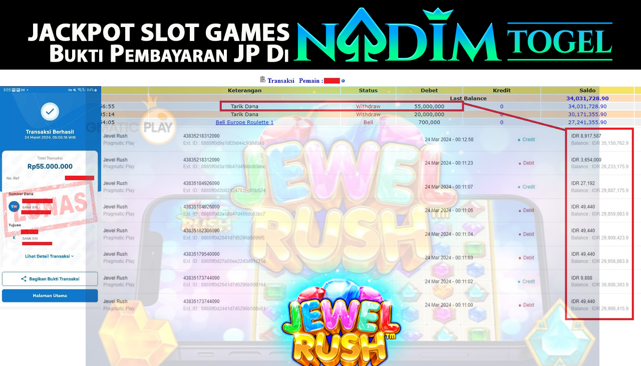 NADIMTOGEL JACKPOT SLOT JEWEL RUSH Rp.55.000.000,- LUNAS