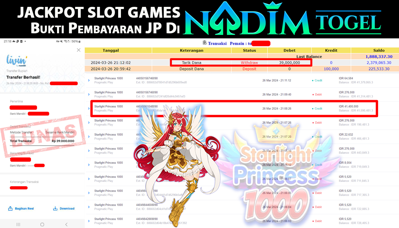 NADIMTOGEL JACKPOT SLOT STARLIGHT PRINCESS 1000 Rp 39,000,000,- LUNAS