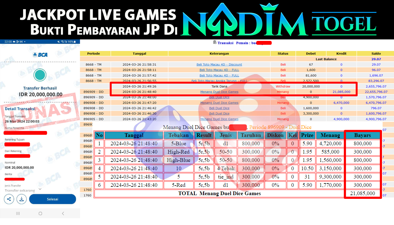 NADIMTOGEL JACKPOT LIVE DUEL DICE Rp 20.000.000,- LUNAS