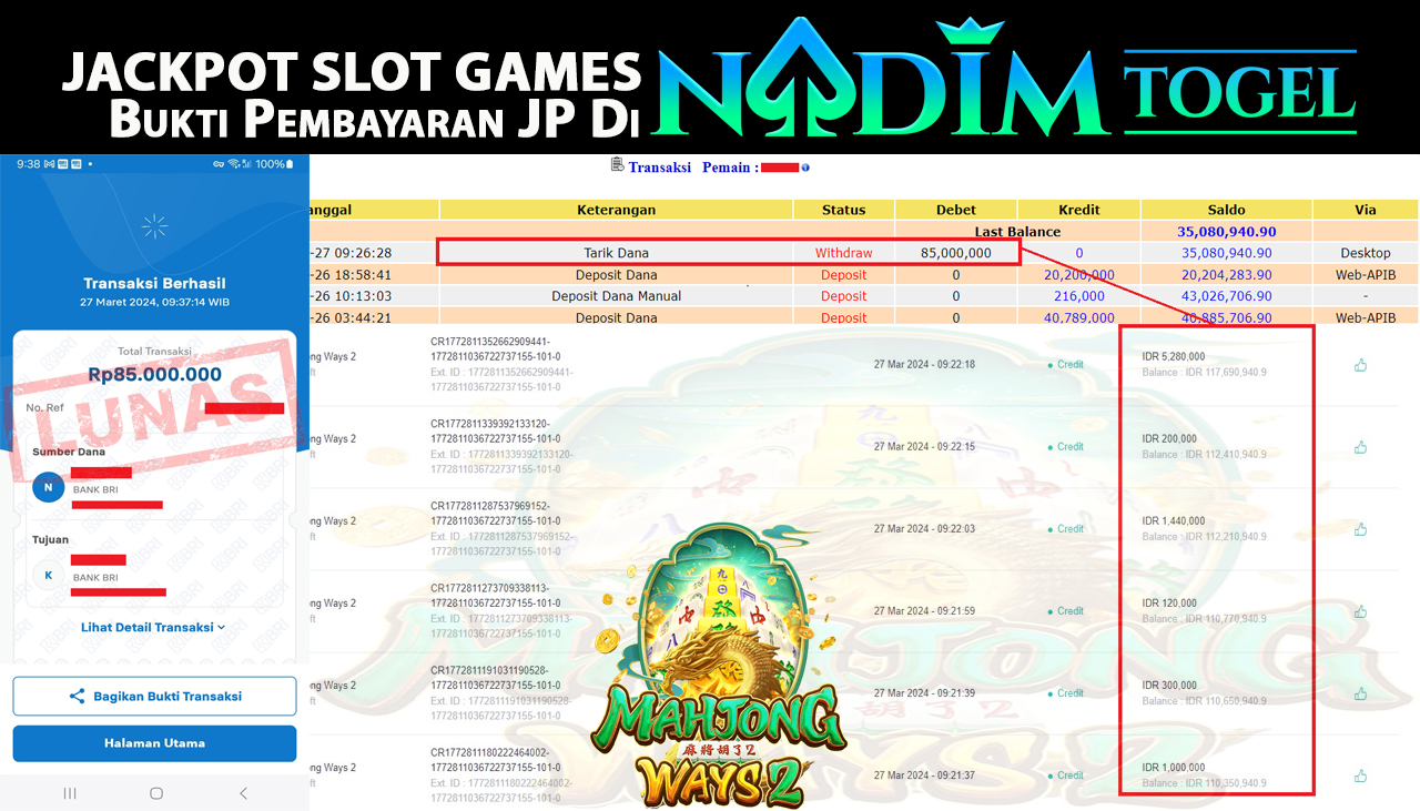 NADIMTOGEL JACKPOT SLOT MAHJONG WAYS 2 Rp.85,000,000- LUNAS