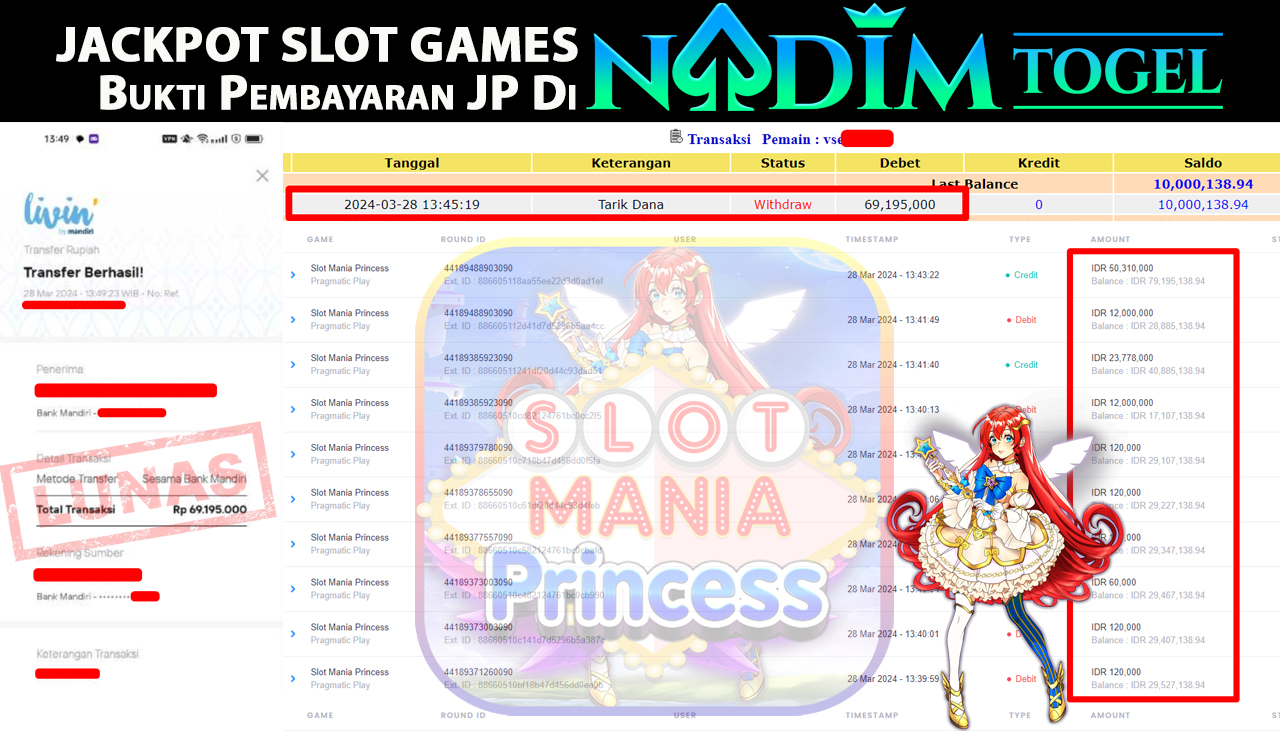 NADIMTOGEL JACKPOT SLOT MANIA PRINCESS Rp.69.195.000,- LUNAS