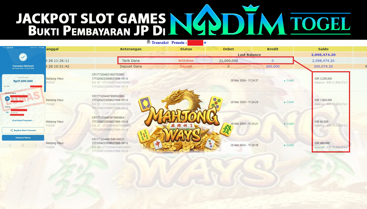 NADIMTOGEL JACKPOT SLOT MAHJONG WAYS Rp.21.000.000,- LUNAS