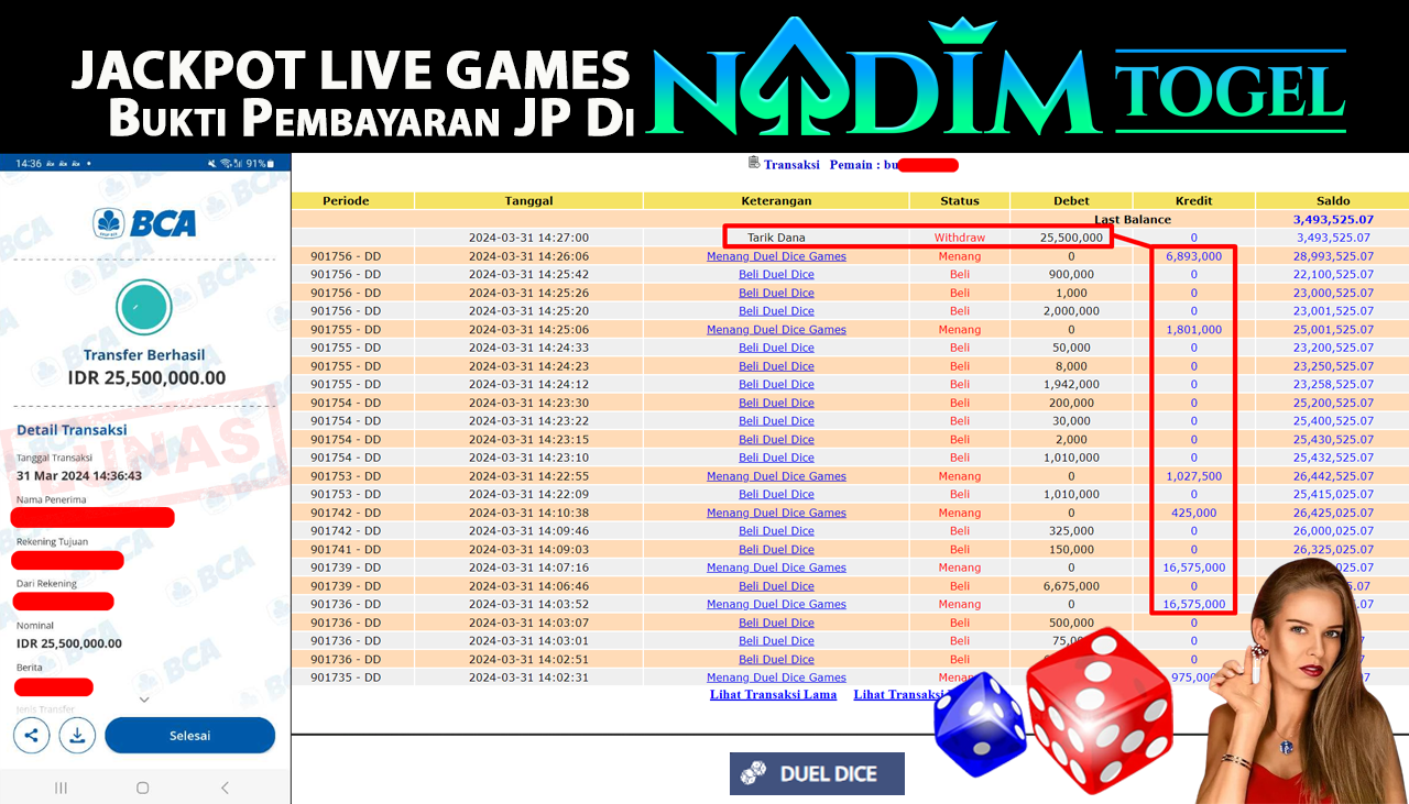 NADIMTOGEL JACKPOT LIVE DUEL DICE Rp 25.500.000,- LUNAS