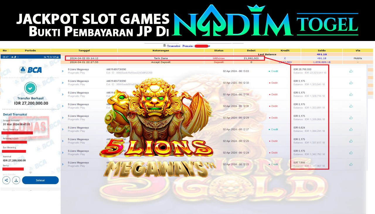 NADIMTOGEL JACKPOT SLOT 5 LION MEGAWAYS  Rp 21,992,000,- LUNAS
