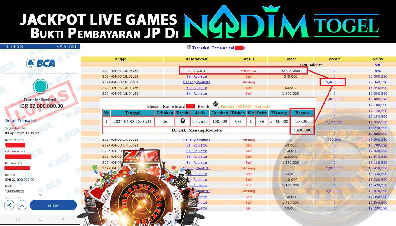 NADIMTOGEL JACKPOT LIVEGAMES ROULETTE Rp 22,000,000,- LUNAS
