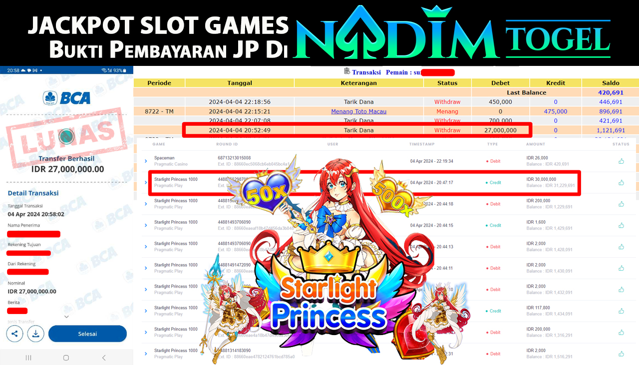 NADIMTOGEL JACKPOT SLOT STARLIGHT PRINCESS Rp 27,000,000,- LUNAS