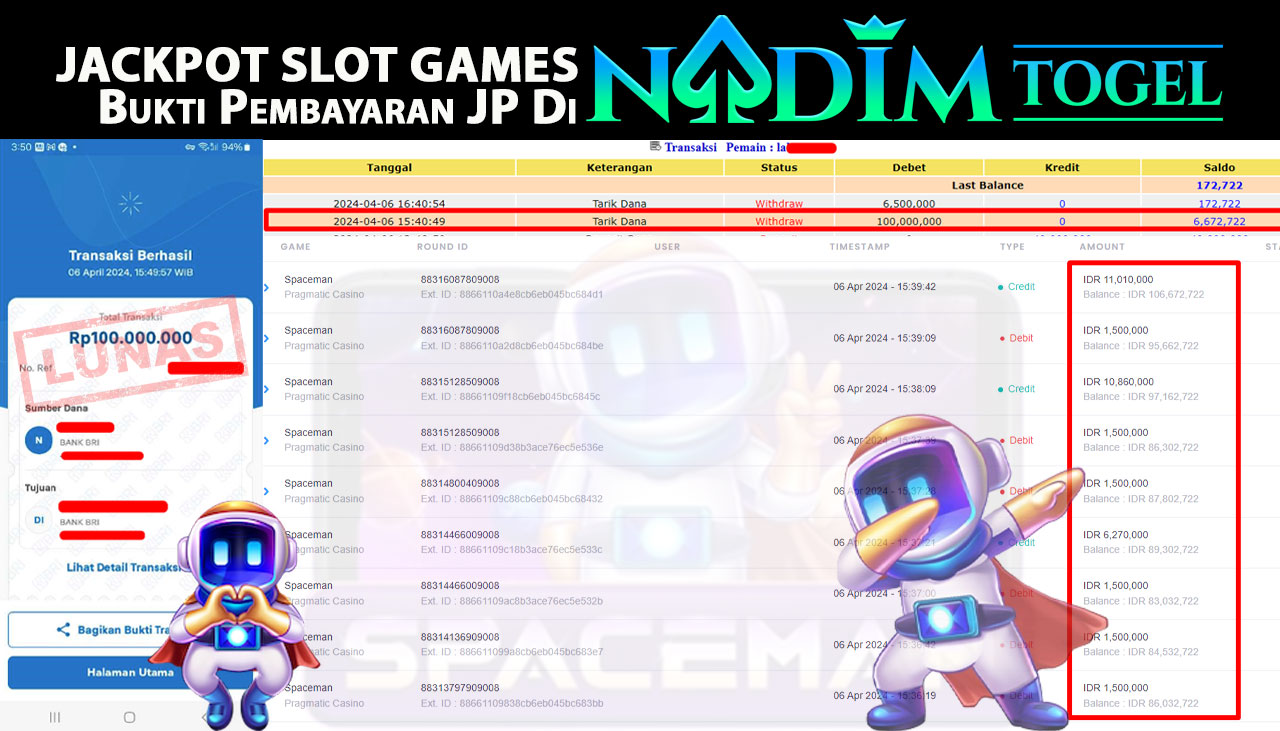 NADIMTOGEL JACKPOT SLOT SPACEMAN Rp 100,000,000,- LUNAS