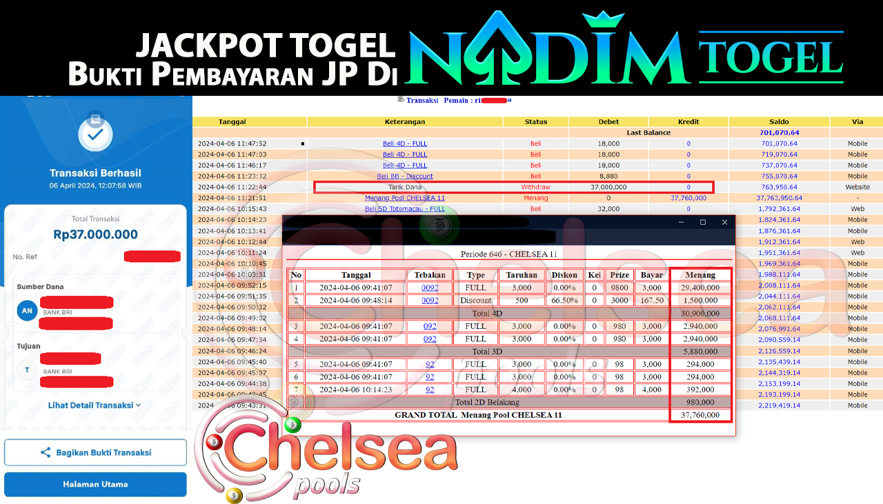 NADIMTOGEL JACKPOT TOGEL PASARAN CHELSEA 11 Rp 37,000,000,- LUNAS
