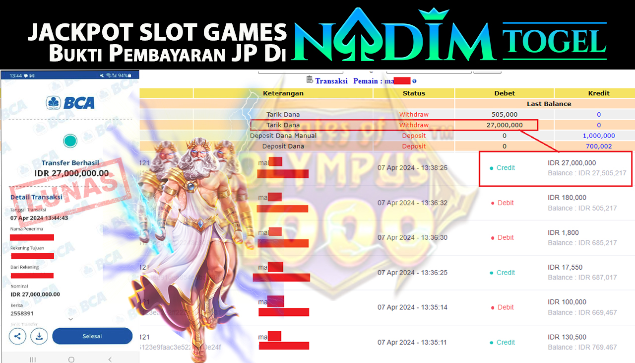 NADIMTOGEL JACKPOT SLOT GATES OF OLYMPUS 1000 Rp.27.000.000,- LUNAS