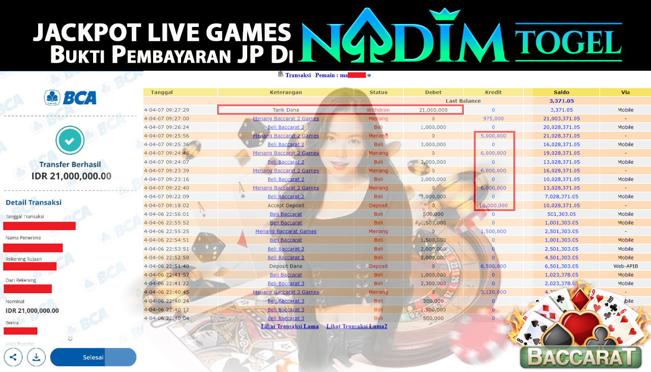 NADIMTOGEL JACKPOT LIVE GAMES BACCARAT  Rp 21,000,000,- LUNAS