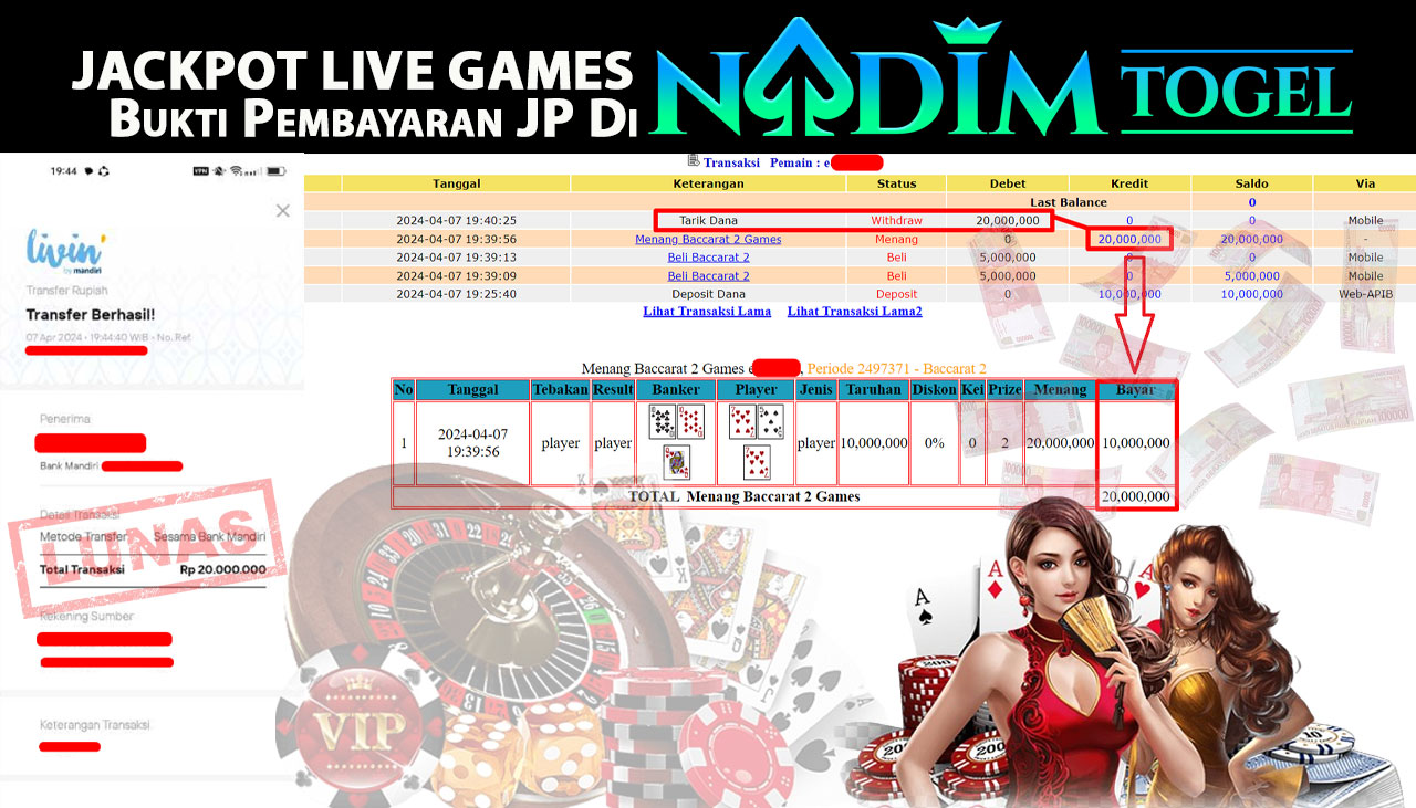 NADIMTOGEL JACKPOT LIVE GAMES BACCARAT  Rp 20,000,000,- LUNAS