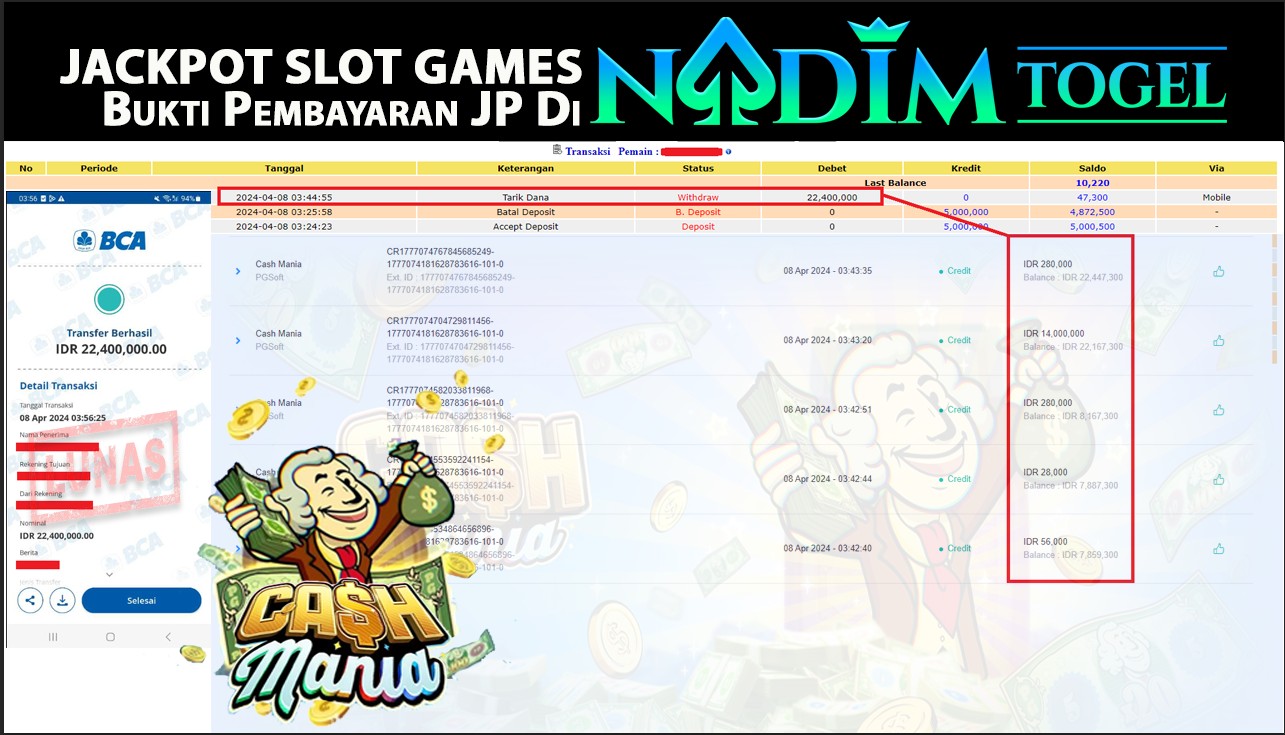 NADIMTOGEL JACKPOT  SLOT GAMES CASH MANIA  Rp 22,400,000,- LUNAS