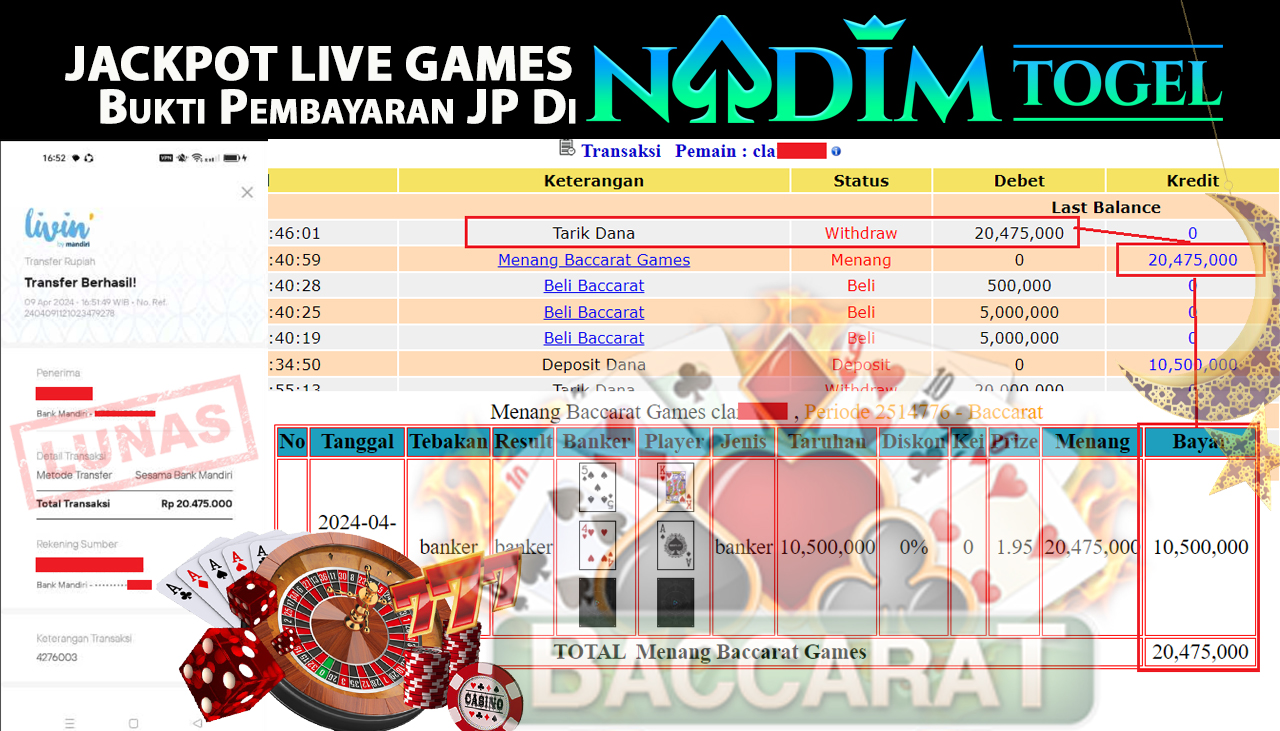 NADIMTOGEL JACKPOT  LIVEGAMES BACCARAT Rp 20,475,000,- LUNAS