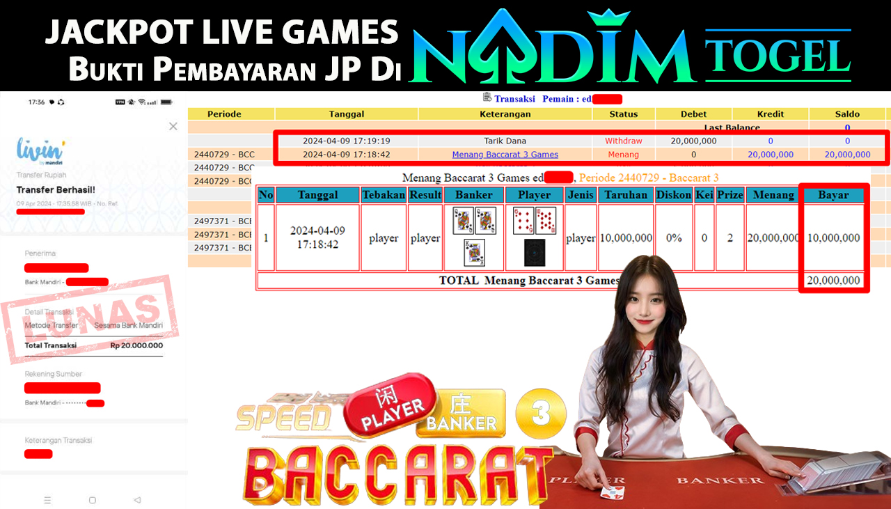 NADIMTOGEL JACKPOT  LIVEGAMES BACCARAT 3 Rp 20,000,000,- LUNAS