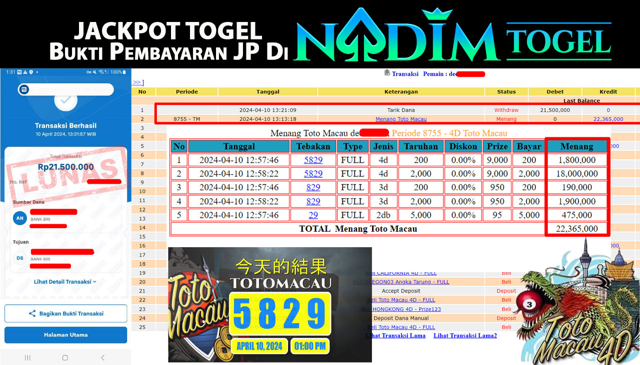 NADIMTOGEL JACKPOT TOGEL PASARAN TOTO MACAU 4D Rp 21,500,000,- LUNAS