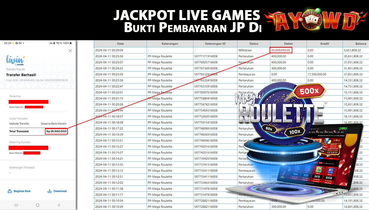 AYOWD JACKPOT LIVE GAME PP-Mega Roulette Rp,25.000.000- LUNAS