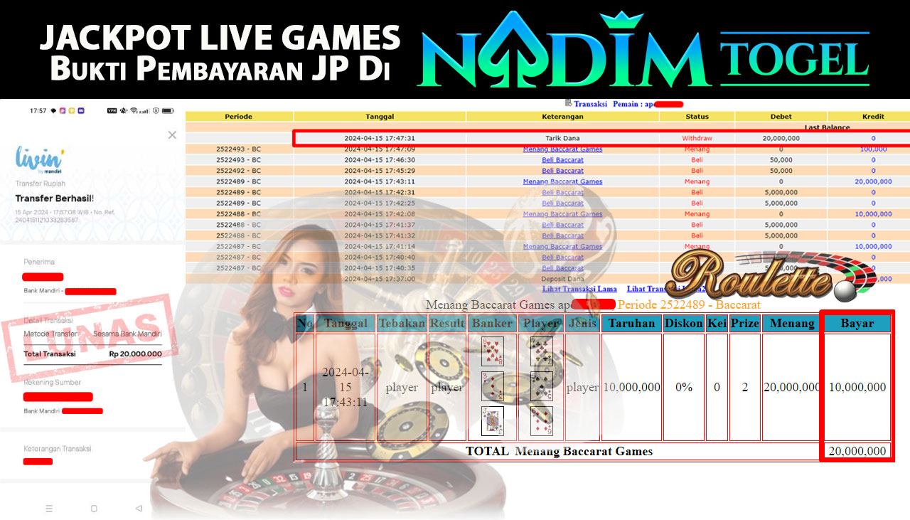 NADIMTOGEL JACKPOT  LIVEGAMES BACCARAT Rp 20,000,000,- LUNAS