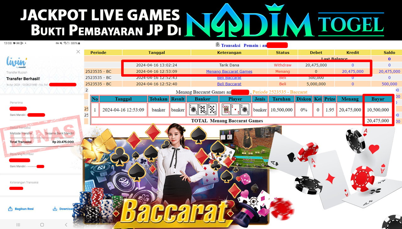 NADIMTOGEL JACKPOT  LIVEGAMES BACCARAT Rp 20,475,000,- LUNAS