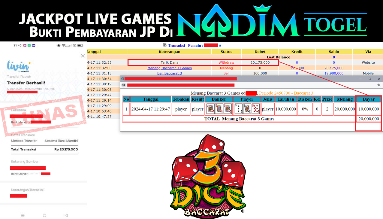 NADIMTOGEL JACKPOT LIVE GAME Baccarat 3 Games Rp.20,175,000,- LUNAS