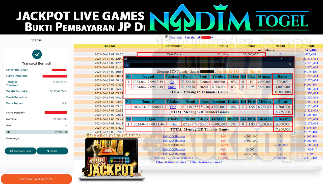NADIMTOGEL JACKPOT  LIVEGAMES 12D THUNDER Rp 22,000,000,- LUNAS