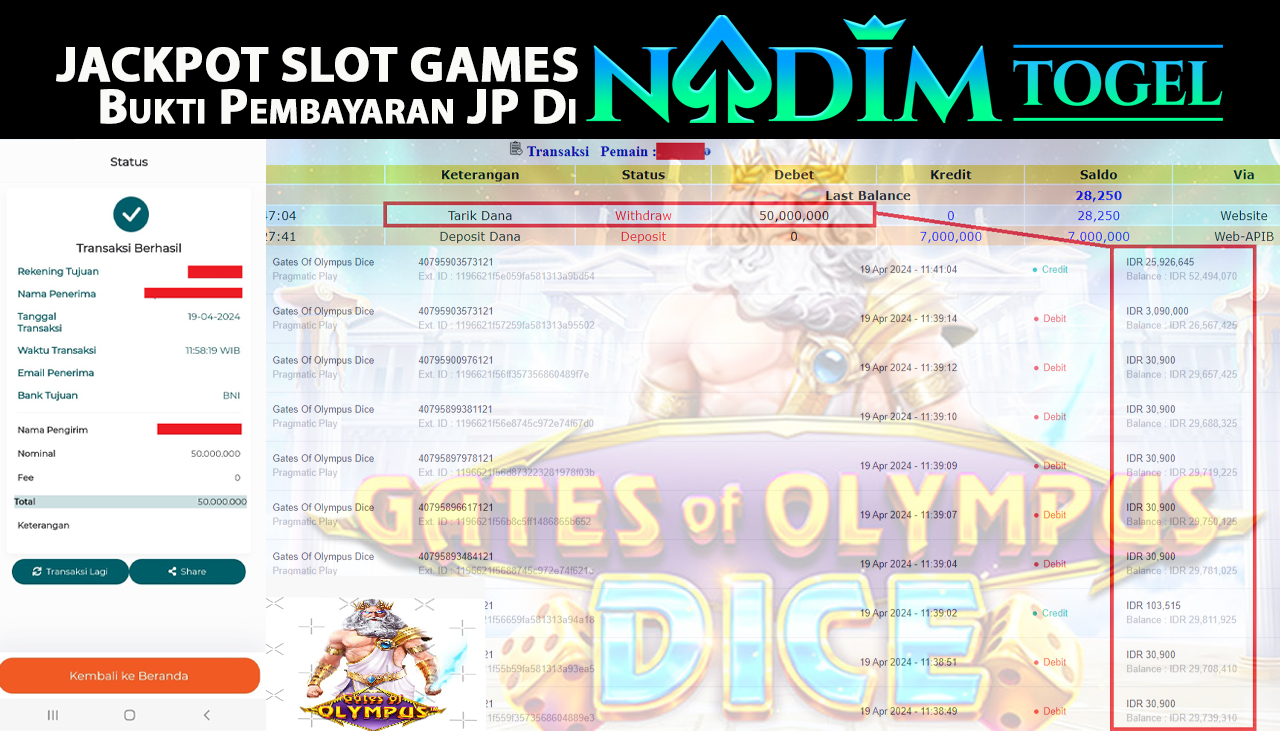 NADIMTOGEL JACKPOT SLOT GAMES GATE OF OLYMPUS DICE Rp 50,000,000,- LUNAS