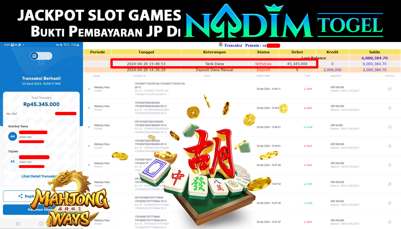 NADIMTOGEL JACKPOT SLOT GAMES MAHJONG WAYS Rp45,345,000,- LUNAS