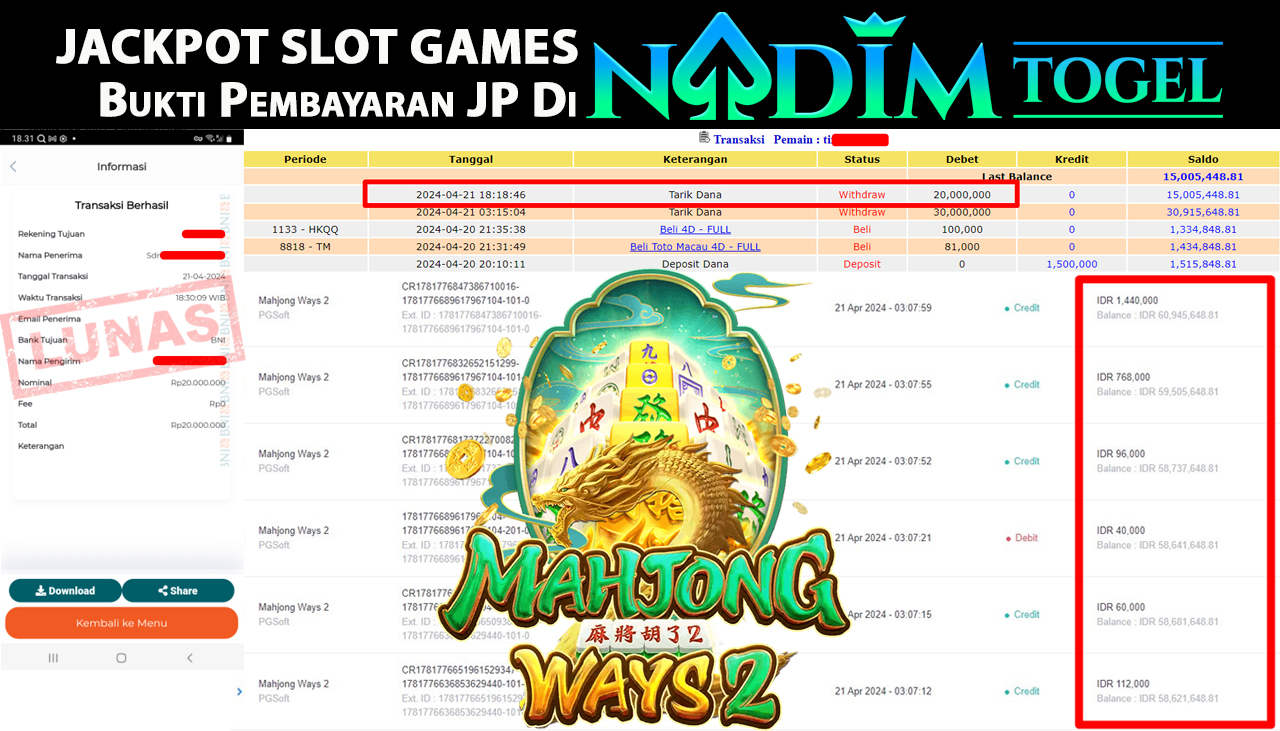 NADIMTOGEL JACKPOT SLOT GAMES MAHJONG WAYS 2 Rp20,000,000,- LUNAS