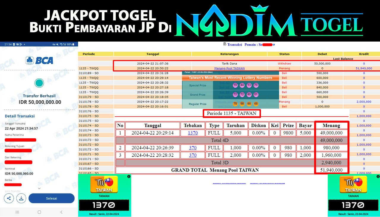 NADIMTOGEL JACKPOT TOGEL TAIWAN Rp 50.000.000,- LUNAS