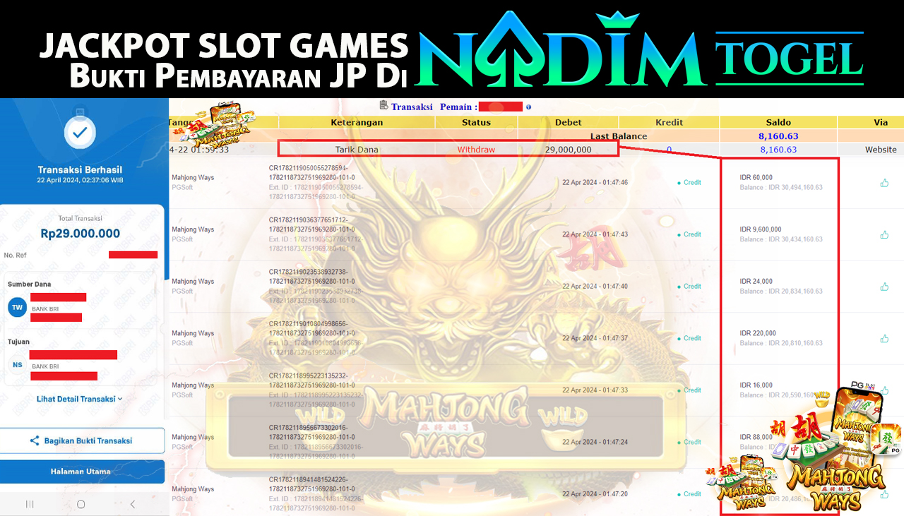 NADIMTOGEL JACKPOT SLOT GAMES MAHJONG WAYS  Rp 29,000,000,- LUNAS