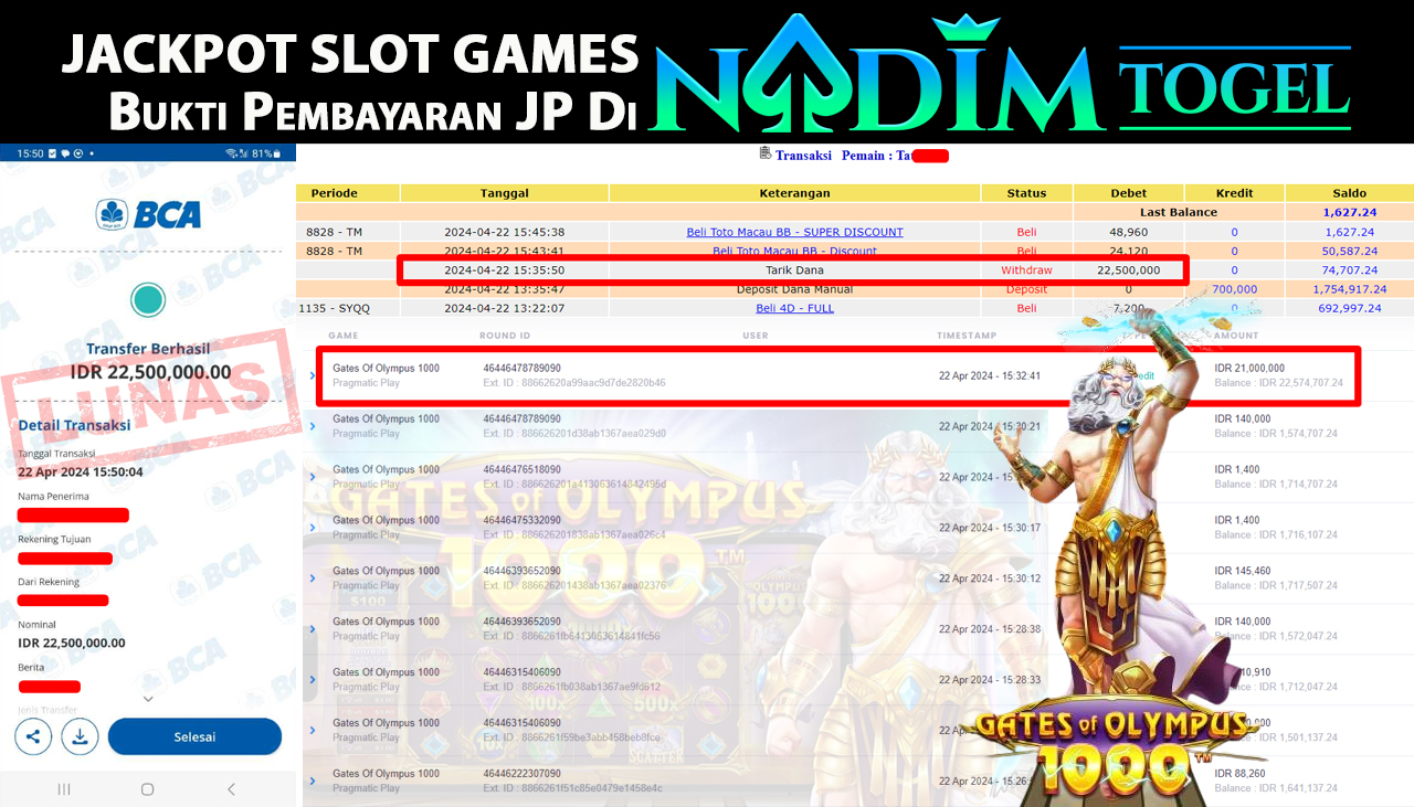 NADIMTOGEL JACKPOT SLOT GAMES GATES OF OLYMPUS 1000  Rp 22,500,000,- LUNAS