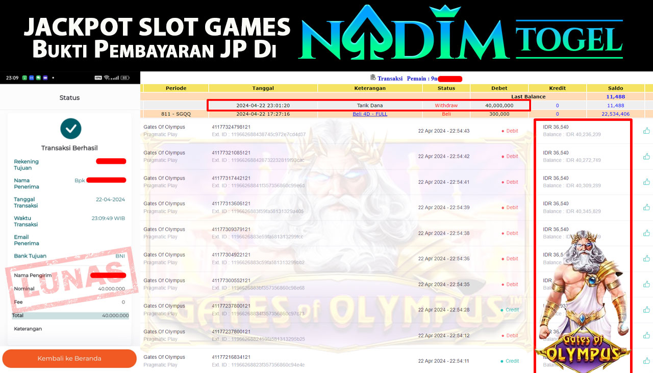 NADIMTOGEL JACKPOT SLOT GAMES GATES OF OLYMPUS Rp 40,000,000,- LUNAS