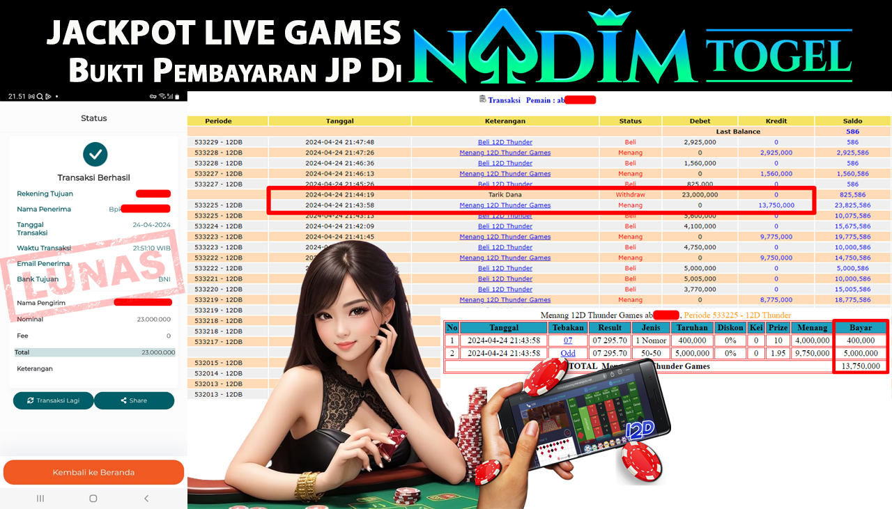 NADIMTOGEL JACKPOT LIVE GAMES 12D THUNDER Rp.23,000,000,- LUNAS