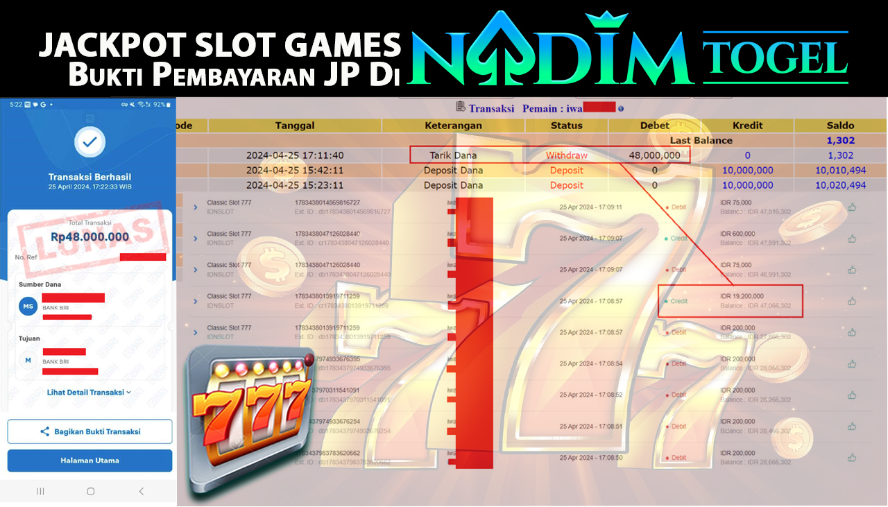 NADIMTOGEL JACKPOT SLOT CLASSIC SLOT 777 Rp.48.000.000,- LUNAS