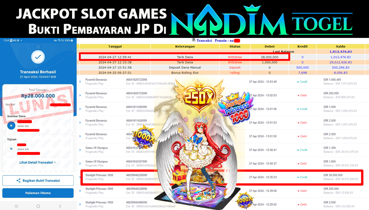 NADIMTOGEL JACKPOT STARLIGHT PRINCESS 1000 Rp.28.000.000,- LUNAS