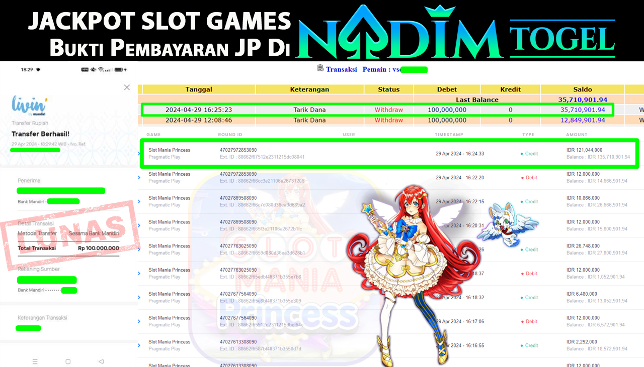 NADIMTOGEL JACKPOT SLOT MANIA PRINCESS Rp 100,000,000,- LUNAS