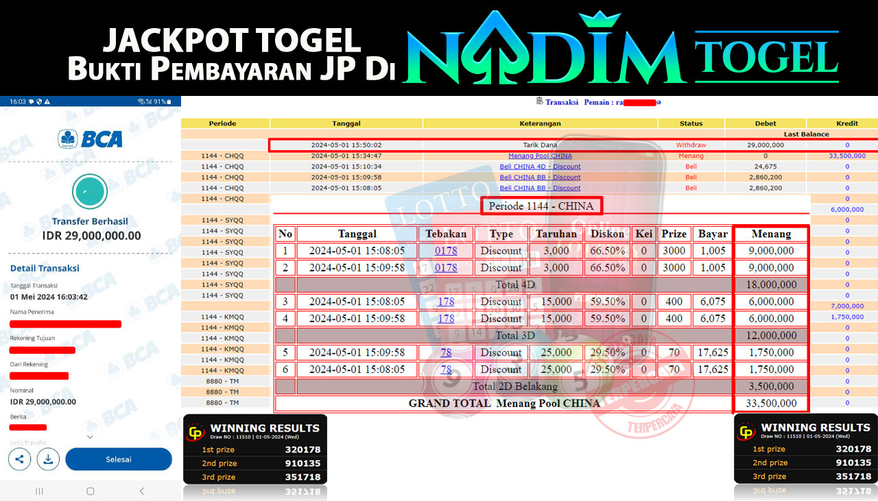 NADIMTOGEL BUKTI JACKPOT TOGEL CHINA POOLS 5D Rp.29.000.000,- LUNAS