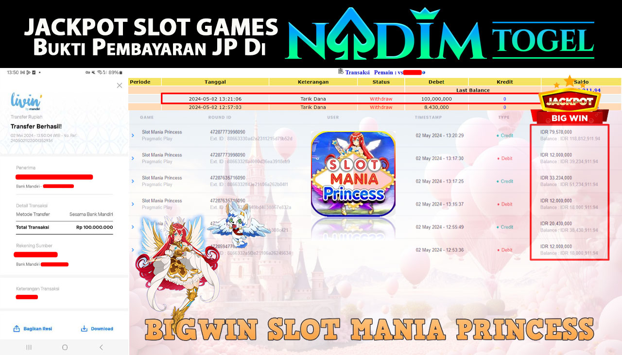 NADIMTOGEL JACKPOT SLOT MANIA PRINCESS Rp100,000,000,- LUNAS