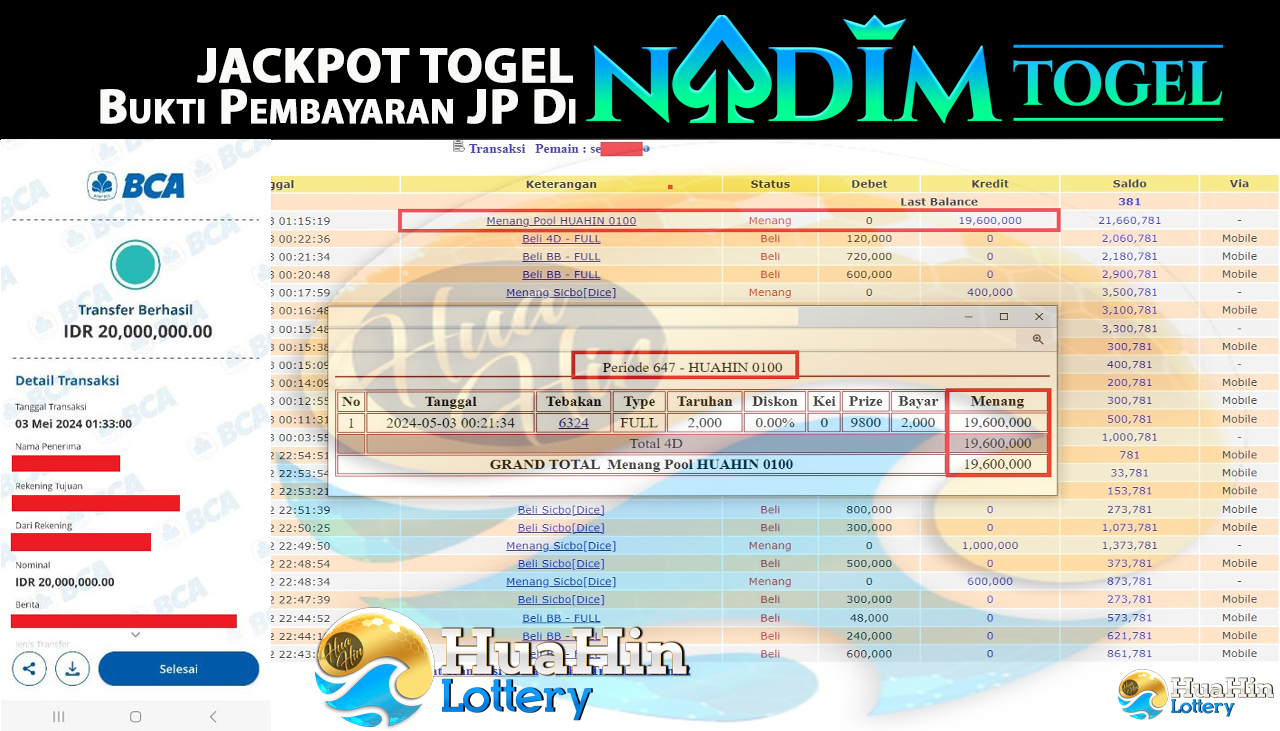 NADIMTOGEL BUKTI JACKPOT TOGEL HUAHIN 0100 Rp.20.000.000,- LUNAS