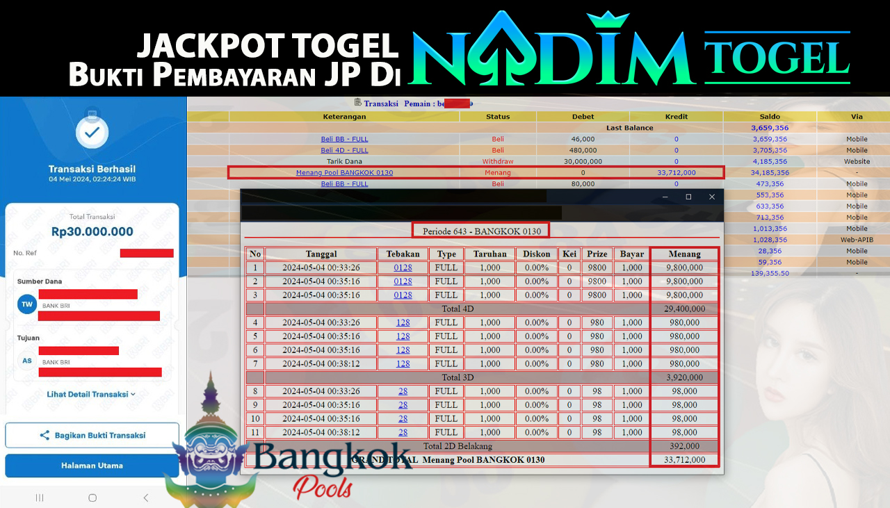 NADIMTOGEL JACKPOT TOGEL BANGKOK POOLS Rp 33,712,000,- LUNAS