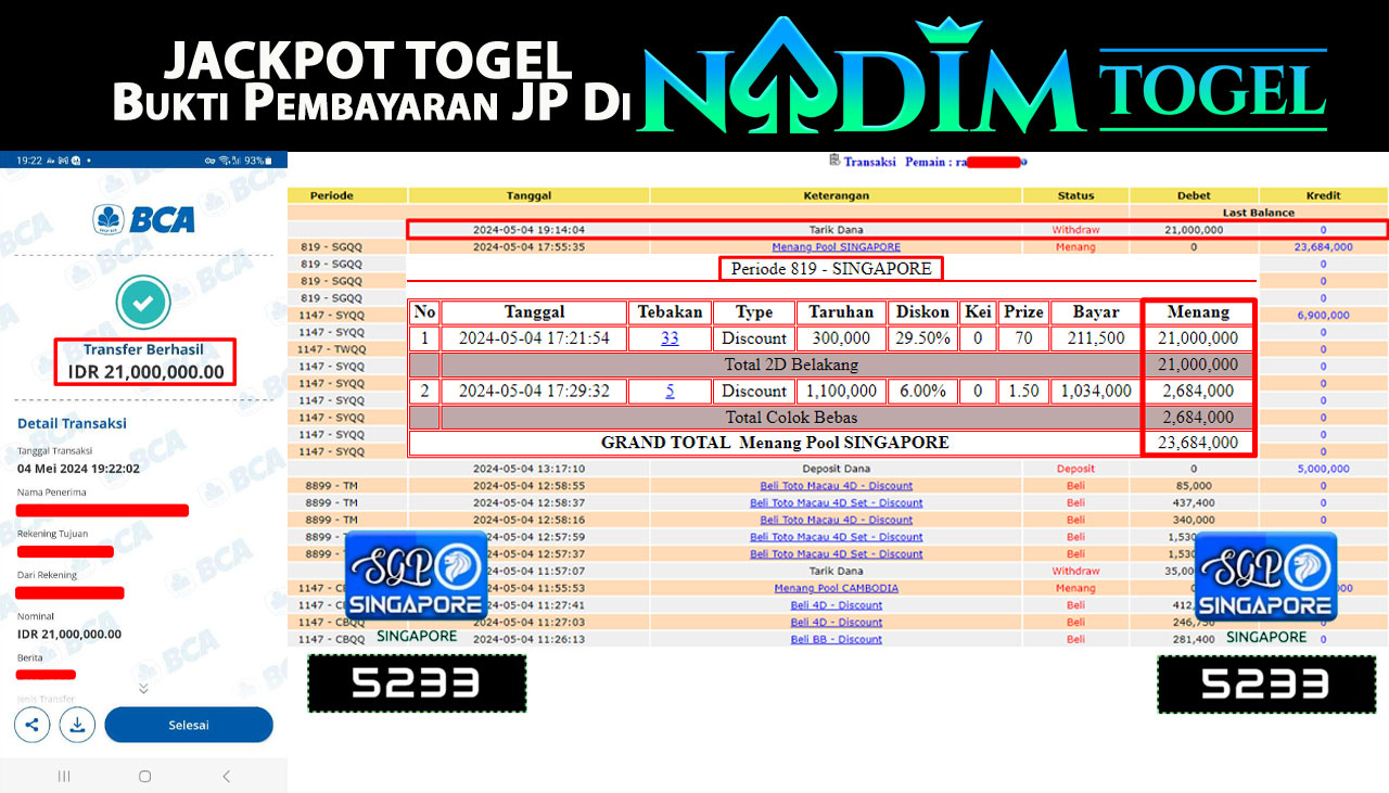 NADIMTOGEL JACKPOT TOGEL SINGAPORE POOLS Rp 21,000,000,- LUNAS
