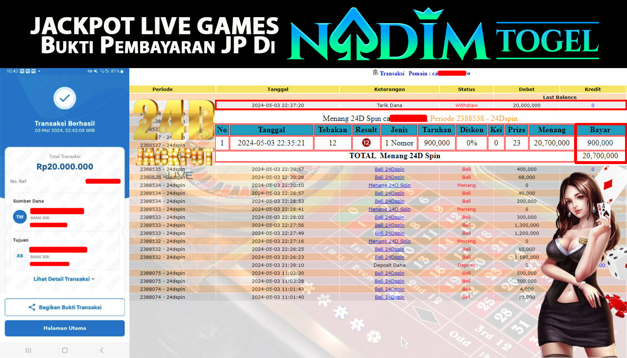 NADIMTOGEL JACKPOT LIVEGAMES 24D GAMES Rp 20,000,000,- LUNAS