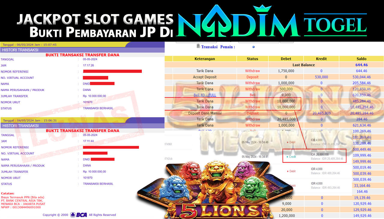 NADIMTOGEL JACKPOT SLOT 5 LIONS MEGAWAYS  Rp 20,000,000,- LUNAS