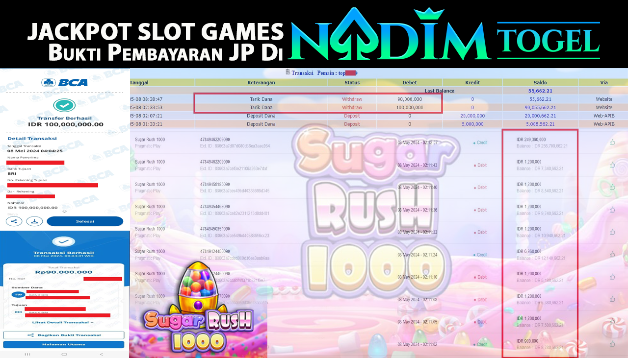 NADIMTOGEL JACKPOT SLOT GAMES SUGAR RUSH 1000  Rp.190,000,000,- LUNAS