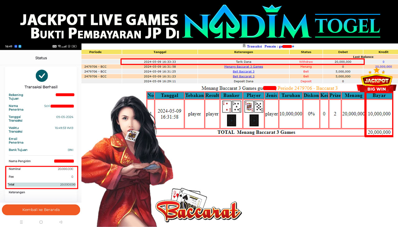 NADIMTOGEL JACKPOT LIVEGAMES BACCARAT 3 Rp.20,000,000,- LUNAS
