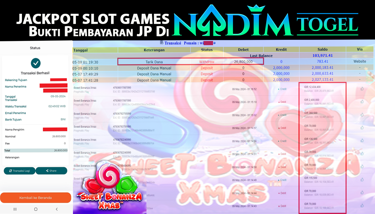 NADIMTOGEL JACKPOT SLOT GAMES SWEET BONANZA XMAS Rp.26,800,000,- LUNAS